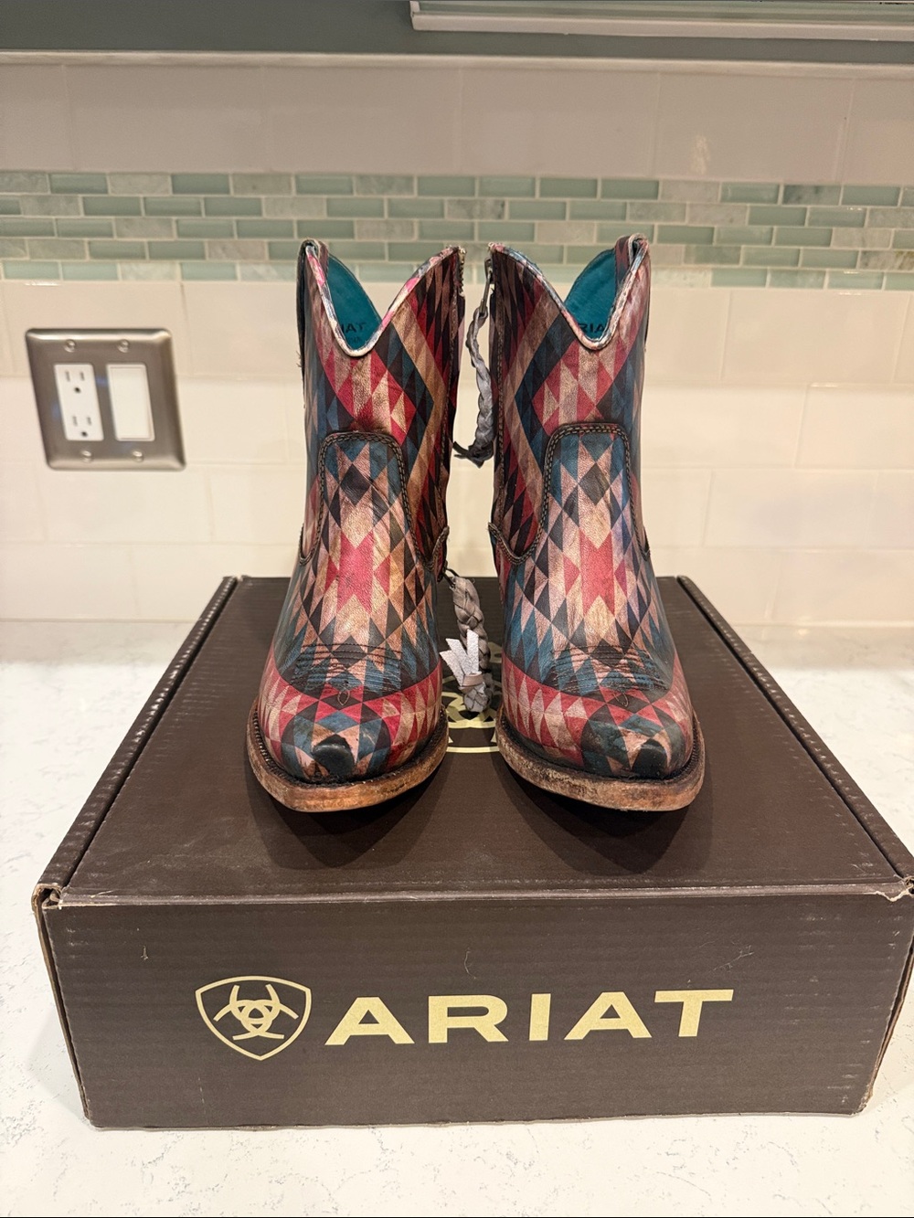 New in Box Ariat Teal Red Blue Southwestern Geometric Western Ankle Boots size 8 - Picture 1 of 10